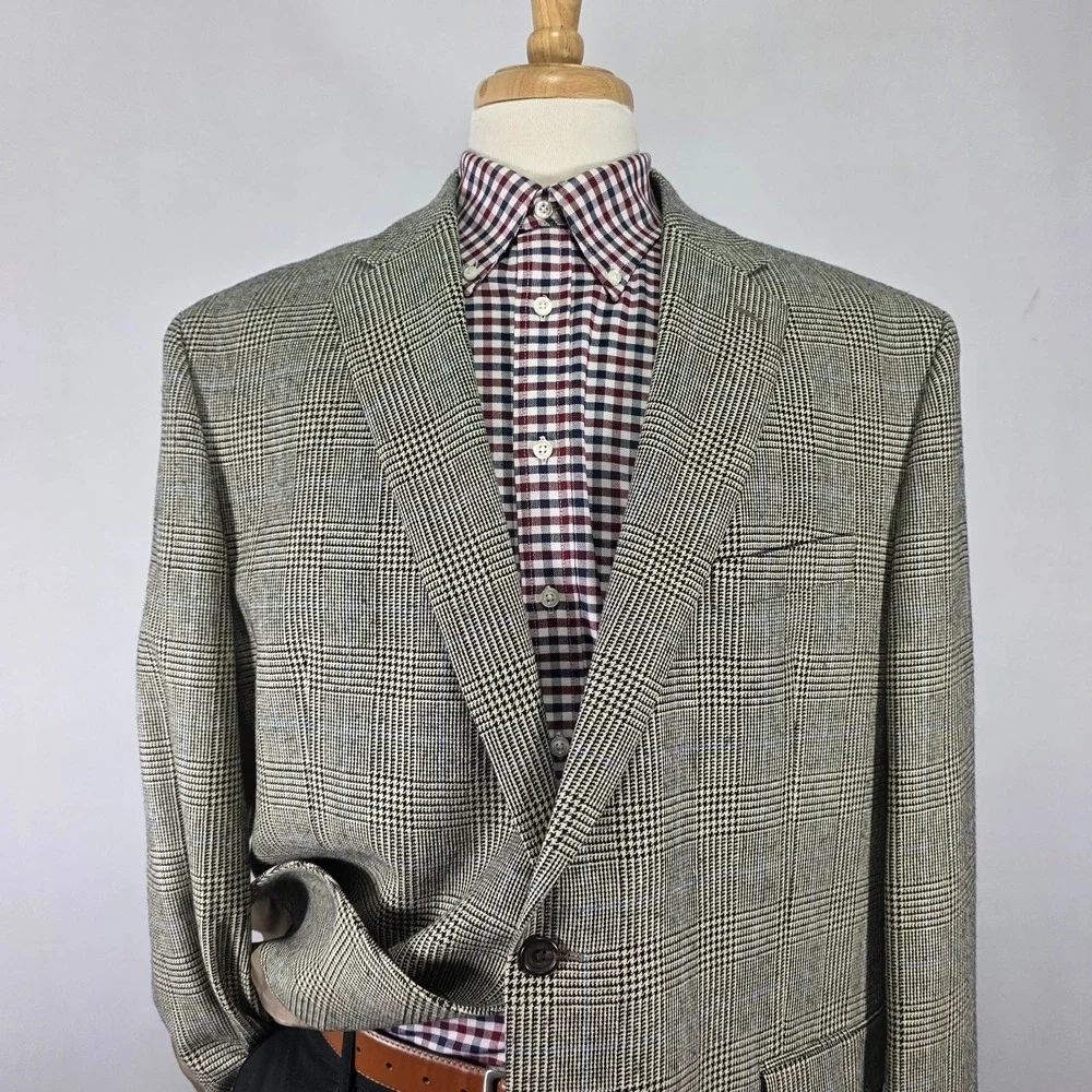 Lauren Ralph Lauren Men's Sport Coat Blazer Two Button Beige Plaid Silk Wool 48R